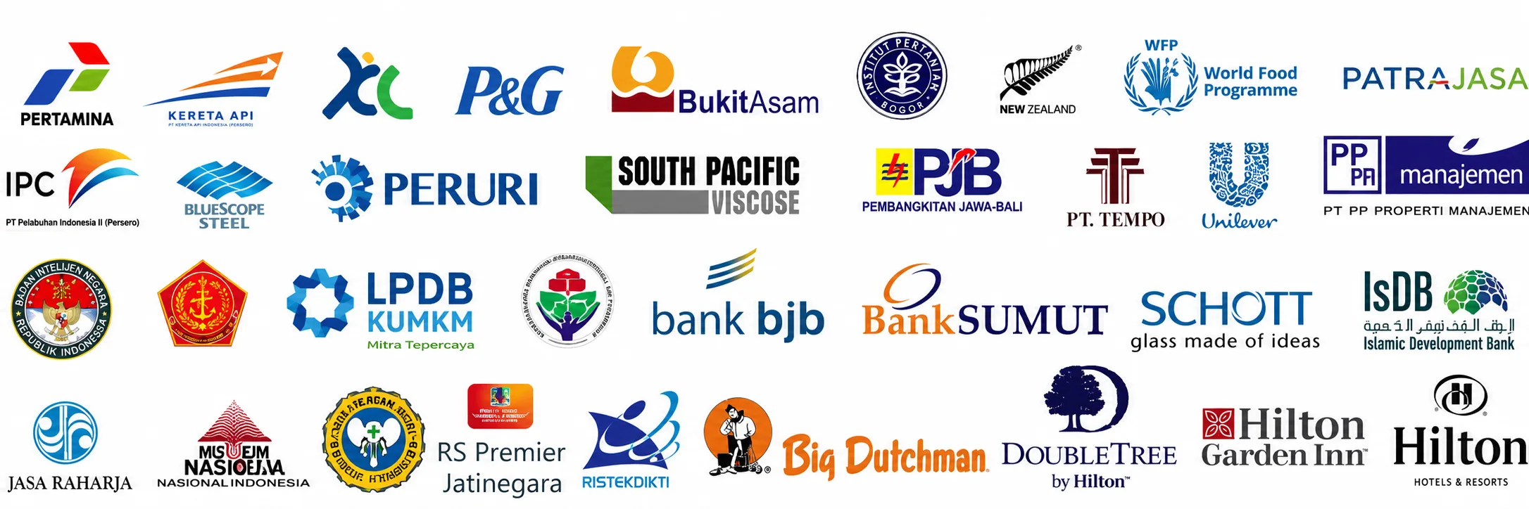 Klien kami antara lain Pertamina, Kereta Api, P&G, World Food Programme, Unilever, Bank BJB, Hilton, dan lainnya